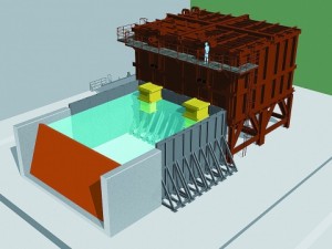 日立造船、堺に動作確認設備　陸上フラップゲート防潮堤